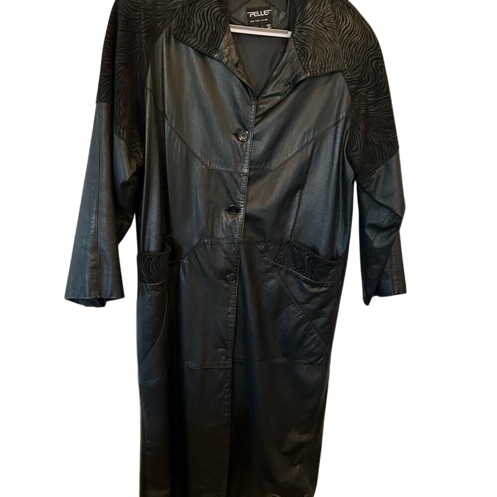 Vintage Pelle Leather Trench Coat Black Duster Jacket Womens L Zebra Accent 80s